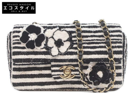 CHANEL シャネル A69900 黒×白 スパンコール×ツイード カメリア ゴールド金具 ミニマトラッセ20 ショルダーバッグ