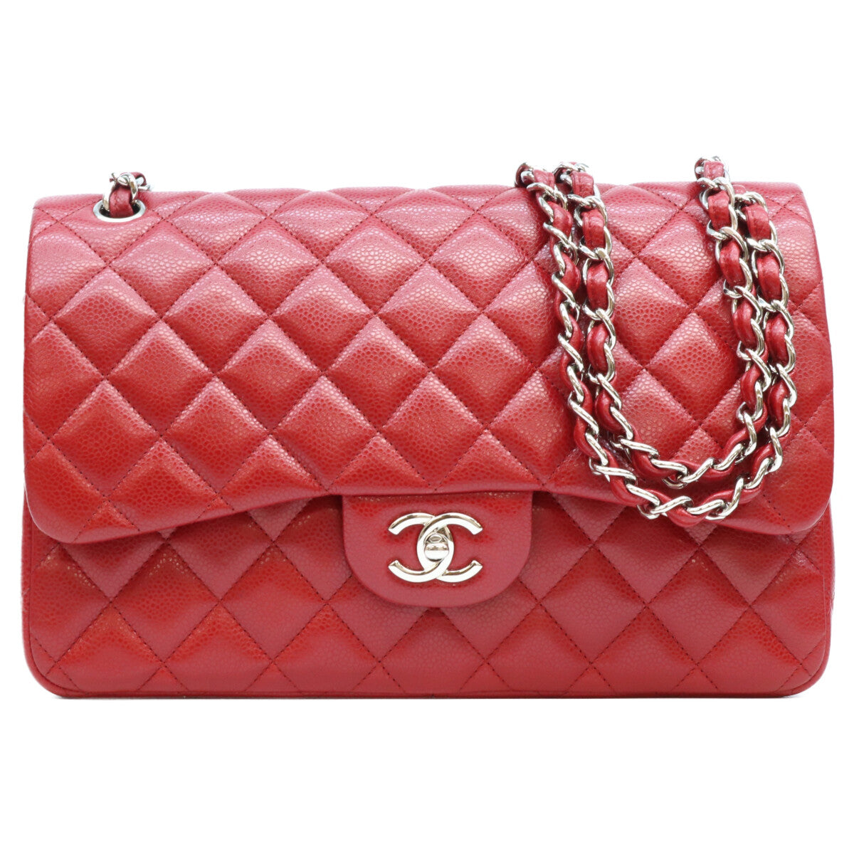 CHANEL シャネル 16番 A58600 赤 キャビア シルバー金具 ダブルフラップ デカマトラッセ30 ショルダーバッグ