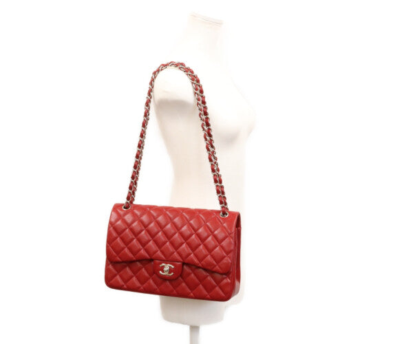 CHANEL シャネル 16番 A58600 赤 キャビア シルバー金具 ダブルフラップ デカマトラッセ30 ショルダーバッグ