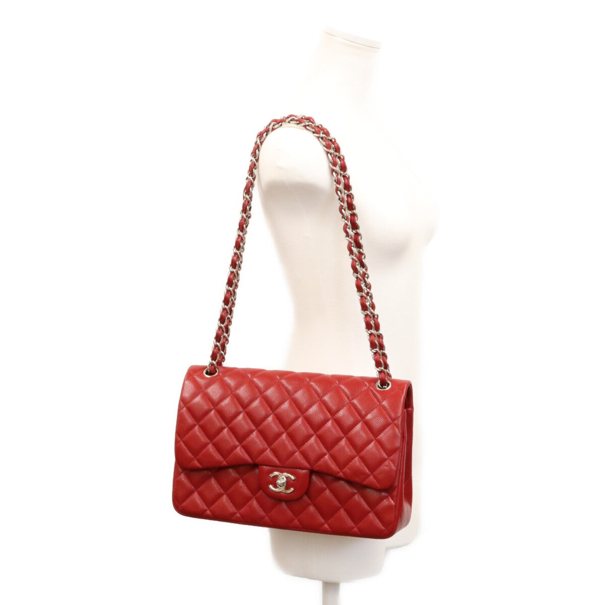 CHANEL シャネル 16番 A58600 赤 キャビア シルバー金具 ダブルフラップ デカマトラッセ30 ショルダーバッグ