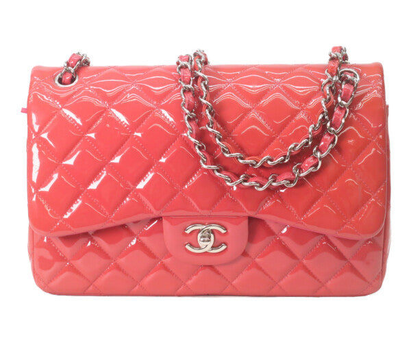 CHANEL シャネル 19番 A58600 パテント レッド×ピンク バイカラー シルバー金具 ダブルフラップ デカマトラッセ30 ショルダーバッグ