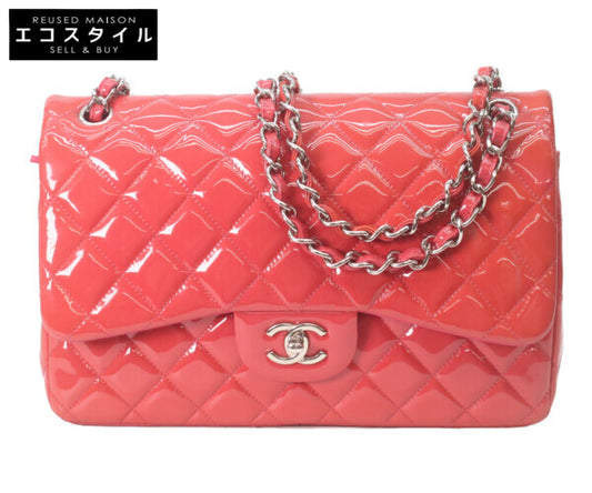 CHANEL シャネル 19番 A58600 パテント レッド×ピンク バイカラー シルバー金具 ダブルフラップ デカマトラッセ30 ショルダーバッグ