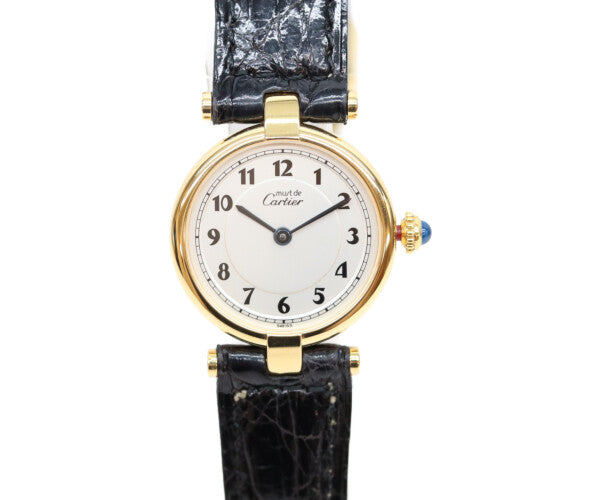 Cartier カルティエ 80-90s 925 マストヴァンドームヴェルメイユSM アラビアシルバー文字盤 QZ 黒革 腕時計