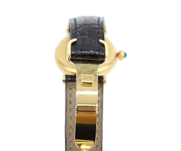Cartier カルティエ 80-90s 925 マストヴァンドームヴェルメイユSM アラビアシルバー文字盤 QZ 黒革 腕時計
