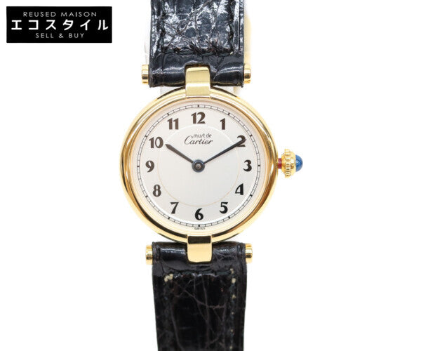 Cartier カルティエ 80-90s 925 マストヴァンドームヴェルメイユSM アラビアシルバー文字盤 QZ 黒革 腕時計