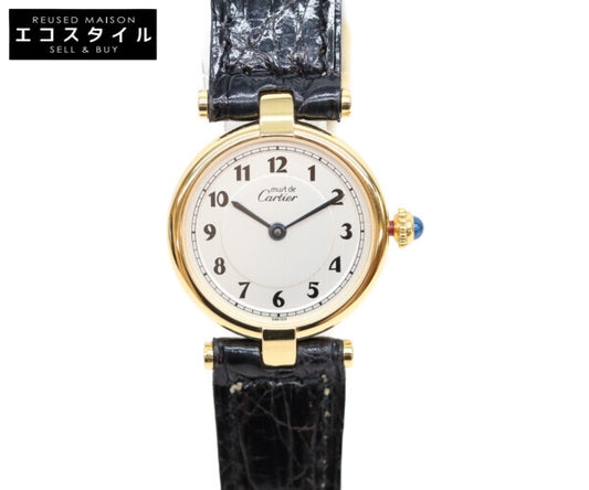 Cartier カルティエ 80-90s 925 マストヴァンドームヴェルメイユSM アラビアシルバー文字盤 QZ 黒革 腕時計