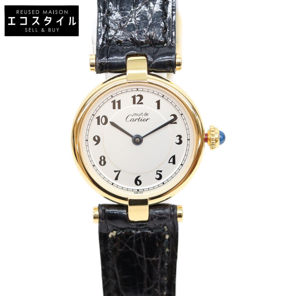 Cartier カルティエ 80-90s 925 マストヴァンドームヴェルメイユSM アラビアシルバー文字盤 QZ 黒革 腕時計