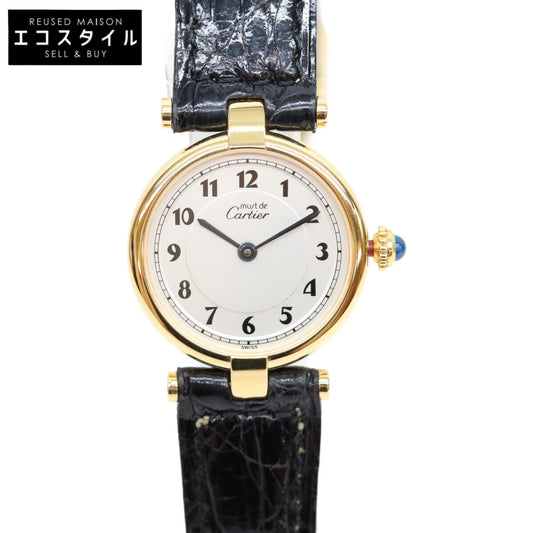 Cartier カルティエ 80-90s 925 マストヴァンドームヴェルメイユSM アラビアシルバー文字盤 QZ 黒革 腕時計