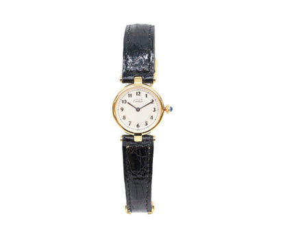 Cartier カルティエ 80-90s 925 マストヴァンドームヴェルメイユSM アラビアシルバー文字盤 QZ 黒革 腕時計