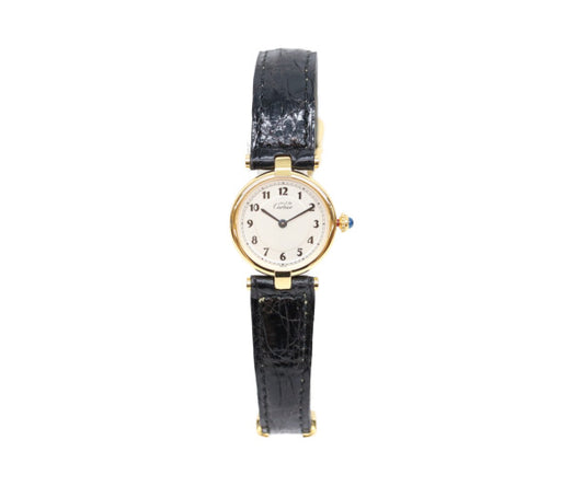 Cartier カルティエ 80-90s 925 マストヴァンドームヴェルメイユSM アラビアシルバー文字盤 QZ 黒革 腕時計