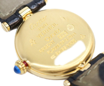 Cartier カルティエ 80-90s 925 マストヴァンドームヴェルメイユSM アラビアシルバー文字盤 QZ 黒革 腕時計