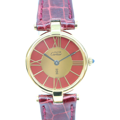 Cartier カルティエ 80-90s 925 マストヴァンドームヴェルメイユSM ボルドーゴールドローマ文字盤 QZ 赤革 腕時計