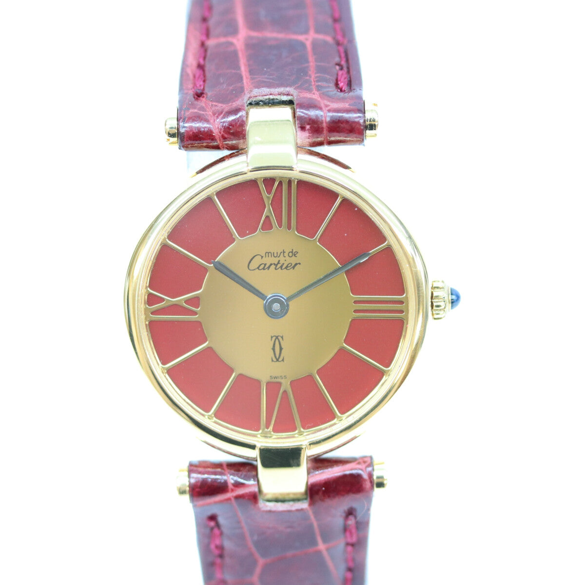 Cartier カルティエ 80-90s 925 マストヴァンドームヴェルメイユSM ボルドーゴールドローマ文字盤 QZ 赤革 腕時計