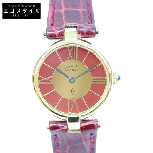 Cartier カルティエ 80-90s 925 マストヴァンドームヴェルメイユSM ボルドーゴールドローマ文字盤 QZ 赤革 腕時計