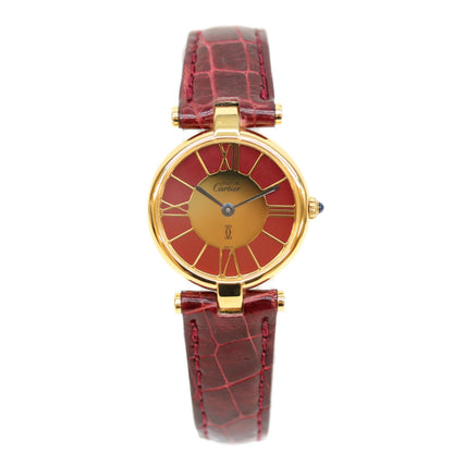Cartier カルティエ 80-90s 925 マストヴァンドームヴェルメイユSM ボルドーゴールドローマ文字盤 QZ 赤革 腕時計