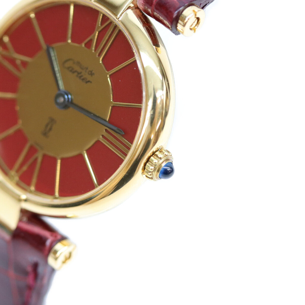Cartier カルティエ 80-90s 925 マストヴァンドームヴェルメイユSM ボルドーゴールドローマ文字盤 QZ 赤革 腕時計