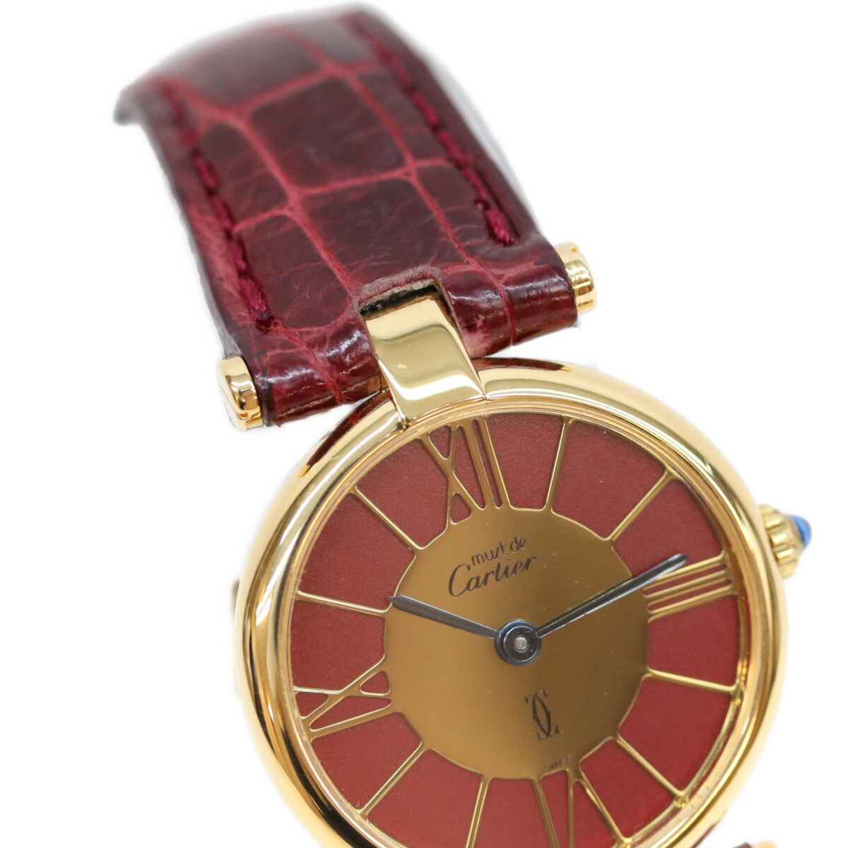 Cartier カルティエ 80-90s 925 マストヴァンドームヴェルメイユSM ボルドーゴールドローマ文字盤 QZ 赤革 腕時計