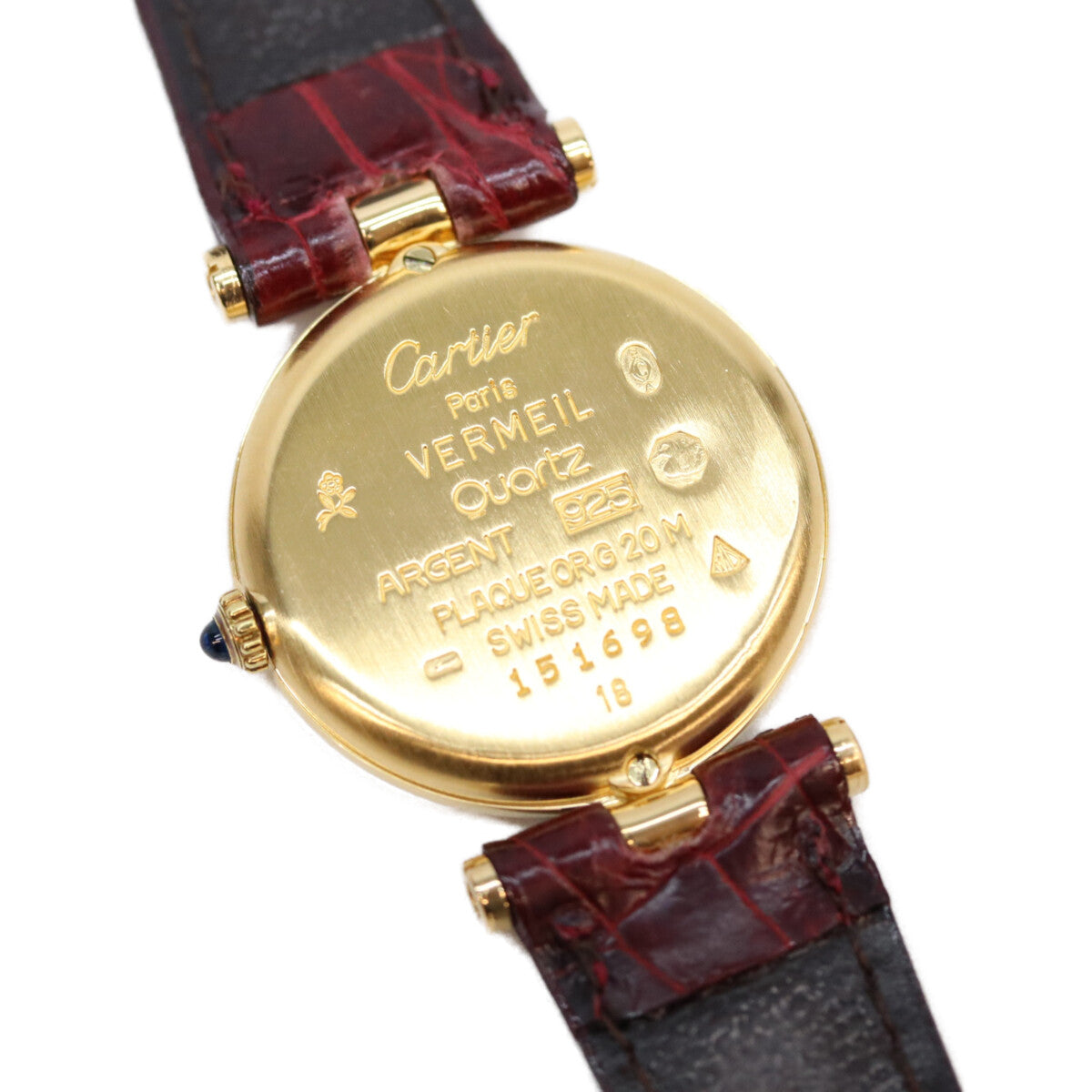 Cartier カルティエ 80-90s 925 マストヴァンドームヴェルメイユSM ボルドーゴールドローマ文字盤 QZ 赤革 腕時計