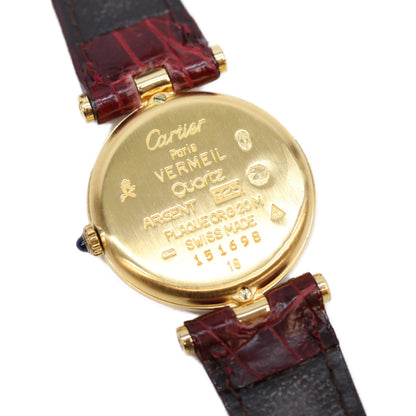 Cartier カルティエ 80-90s 925 マストヴァンドームヴェルメイユSM ボルドーゴールドローマ文字盤 QZ 赤革 腕時計