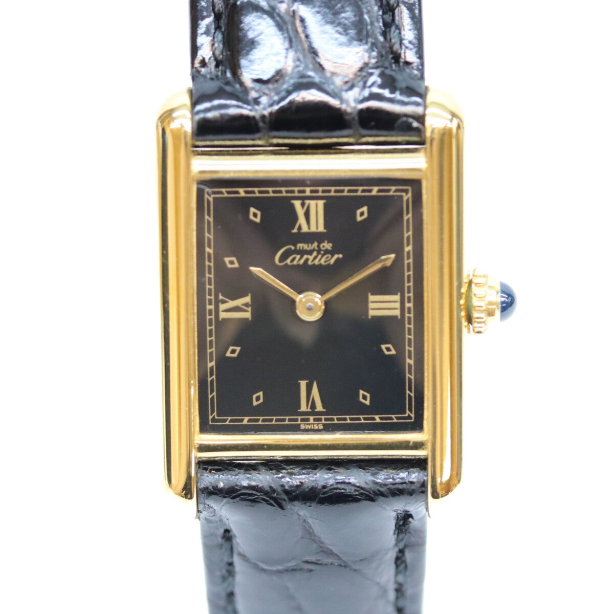 Cartier カルティエ 80-90s 925 マストタンクSM ヴェルメイユ 黒飛びローマ文字盤 革 QZ 腕時計