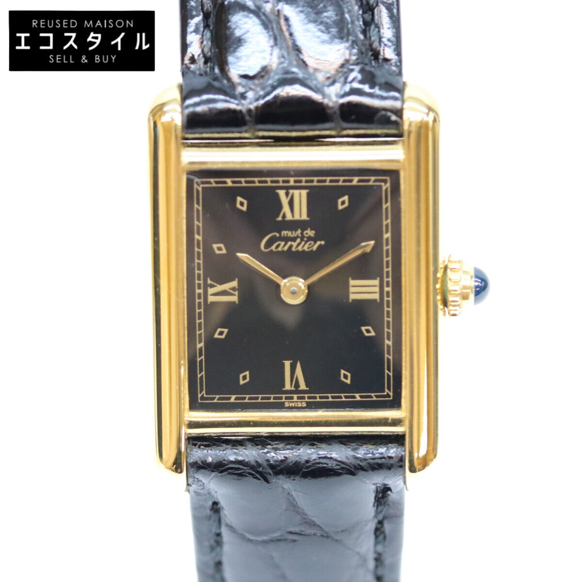 Cartier カルティエ 80-90s 925 マストタンクSM ヴェルメイユ 黒飛びローマ文字盤 革 QZ 腕時計