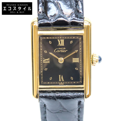 Cartier カルティエ 80-90s 925 マストタンクSM ヴェルメイユ 黒飛びローマ文字盤 革 QZ 腕時計