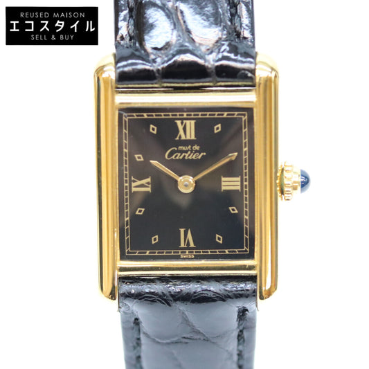 Cartier カルティエ 80-90s 925 マストタンクSM ヴェルメイユ 黒飛びローマ文字盤 革 QZ 腕時計