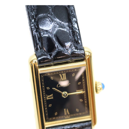 Cartier カルティエ 80-90s 925 マストタンクSM ヴェルメイユ 黒飛びローマ文字盤 革 QZ 腕時計
