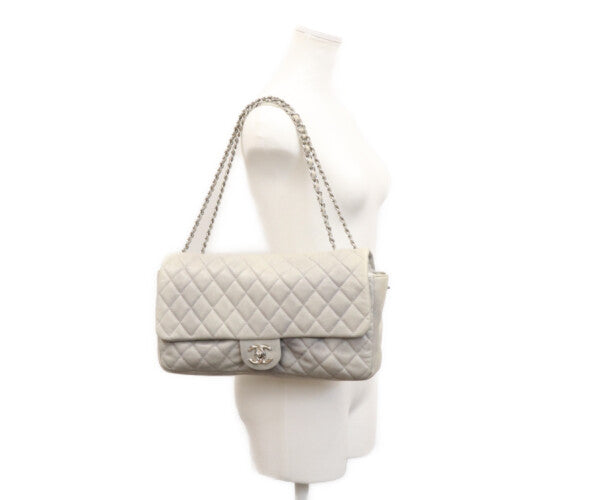 CHANEL シャネル 13番 グレー カーフ レイン デカマトラッセ35 シングルフラップ シルバー金具 ショルダーバッグ