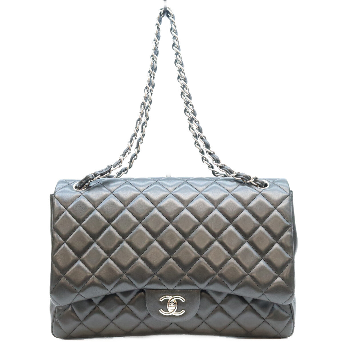 CHANEL シャネル 13番 黒 ラム シルバー金具 シングルフラップ デカマトラッセ34マキシ バッグ ショルダーバッグ