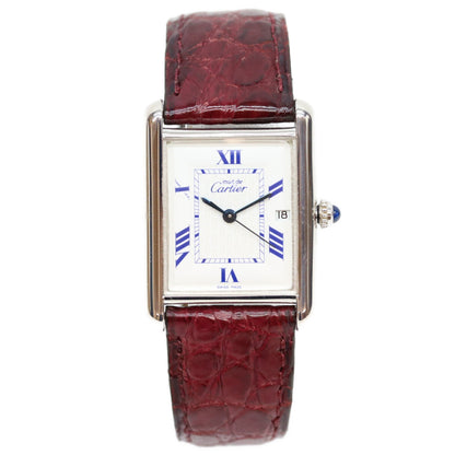 Cartier カルティエ 99‐03年 925 マストタンク GM/XL デイト SS クロコ 白ローマ文字盤 QZ 時計 腕時計