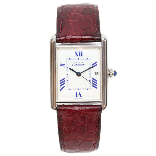 Cartier カルティエ 99‐03年 925 マストタンク GM/XL デイト SS クロコ 白ローマ文字盤 QZ 時計 腕時計