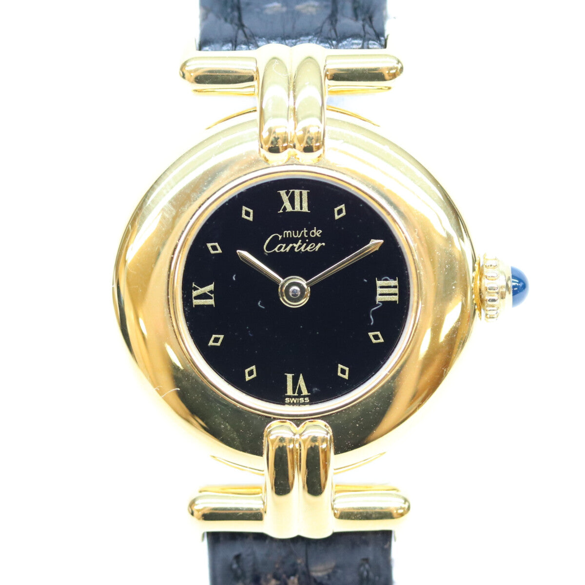Cartier カルティエ 91年 925 マストコリゼヴェルメイユSM クロコ 黒飛びローマ文字盤 QZ 革 時計 腕時計