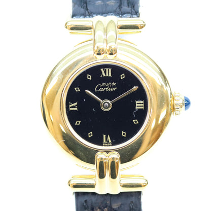 Cartier カルティエ 91年 925 マストコリゼヴェルメイユSM クロコ 黒飛びローマ文字盤 QZ 革 時計 腕時計