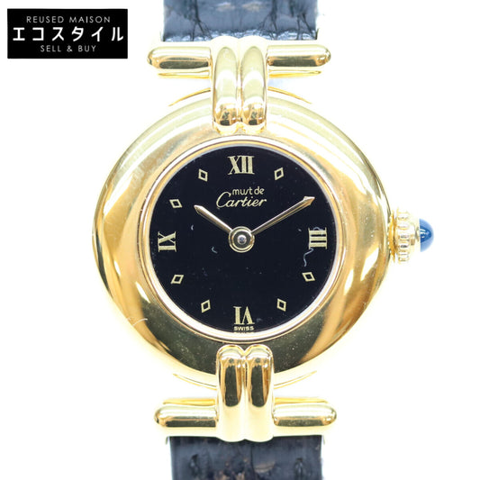 Cartier カルティエ 91年 925 マストコリゼヴェルメイユSM クロコ 黒飛びローマ文字盤 QZ 革 時計 腕時計