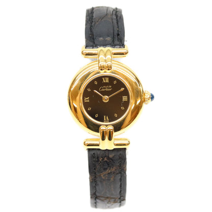 Cartier カルティエ 91年 925 マストコリゼヴェルメイユSM クロコ 黒飛びローマ文字盤 QZ 革 時計 腕時計