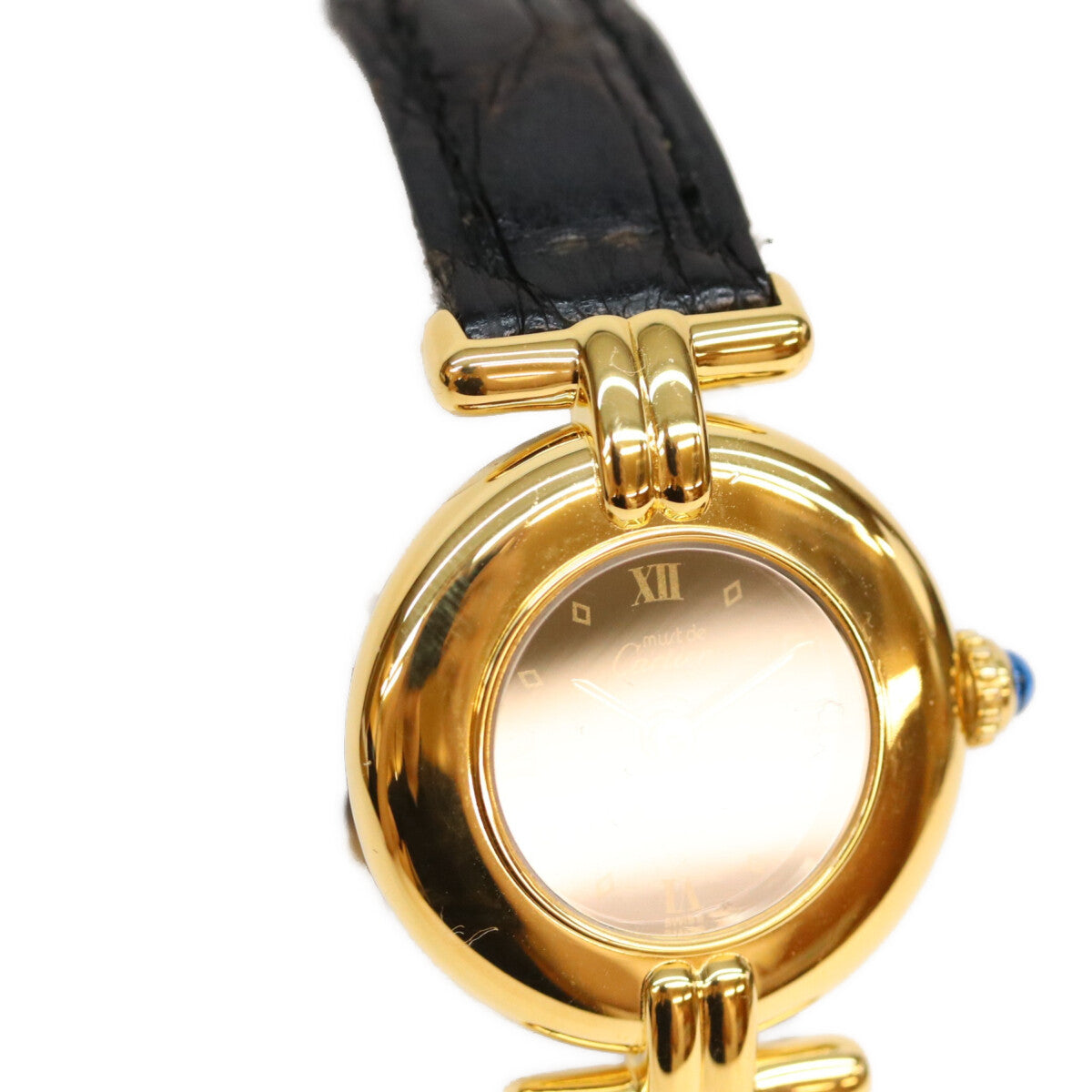 Cartier カルティエ 91年 925 マストコリゼヴェルメイユSM クロコ 黒飛びローマ文字盤 QZ 革 時計 腕時計