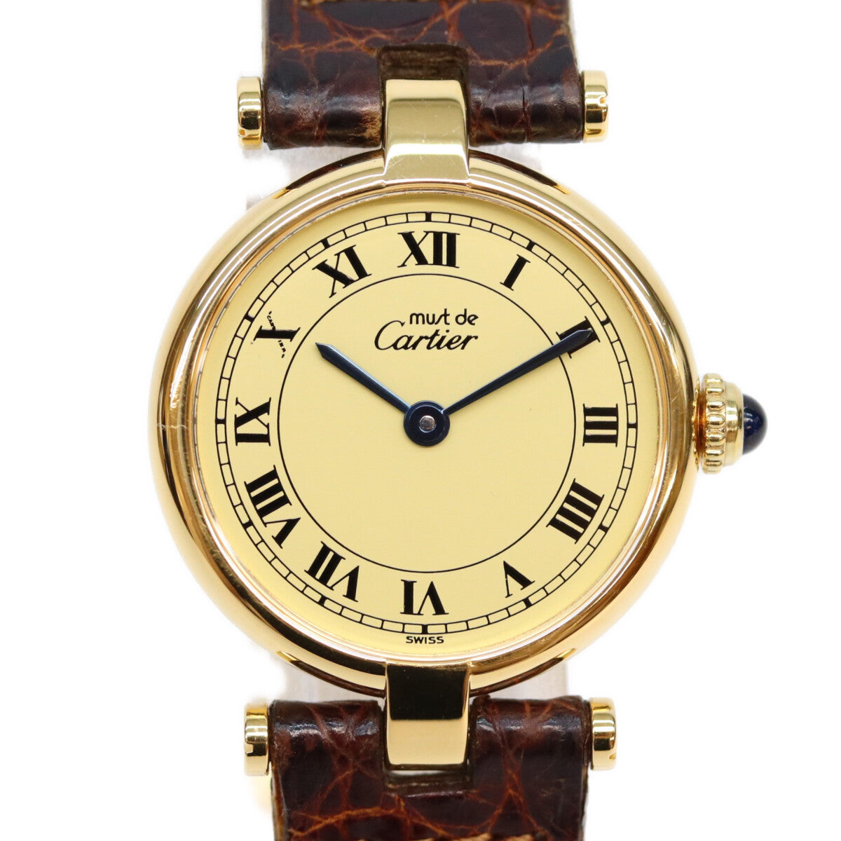 Cartier カルティエ 90s 925 マストヴァンドームヴェルメイユSM クロコ アイボリーローマ文字盤 革 QZ 時計 腕時計