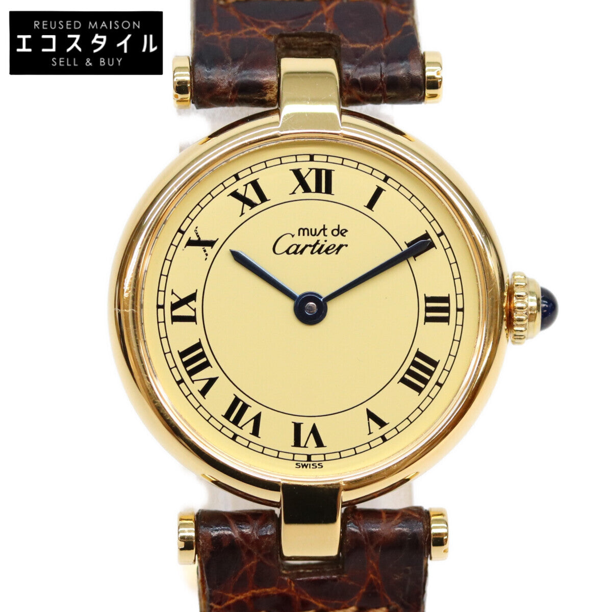 Cartier カルティエ 90s 925 マストヴァンドームヴェルメイユSM クロコ アイボリーローマ文字盤 革 QZ 時計 腕時計