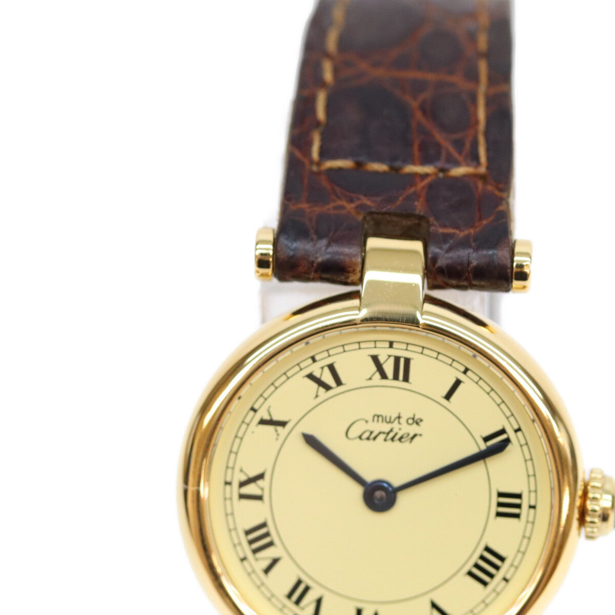 Cartier カルティエ 90s 925 マストヴァンドームヴェルメイユSM クロコ アイボリーローマ文字盤 革 QZ 時計 腕時計