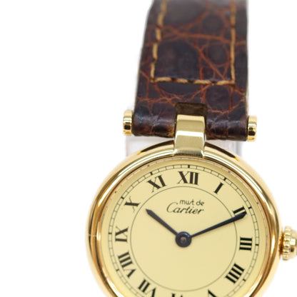 Cartier カルティエ 90s 925 マストヴァンドームヴェルメイユSM クロコ アイボリーローマ文字盤 革 QZ 時計 腕時計