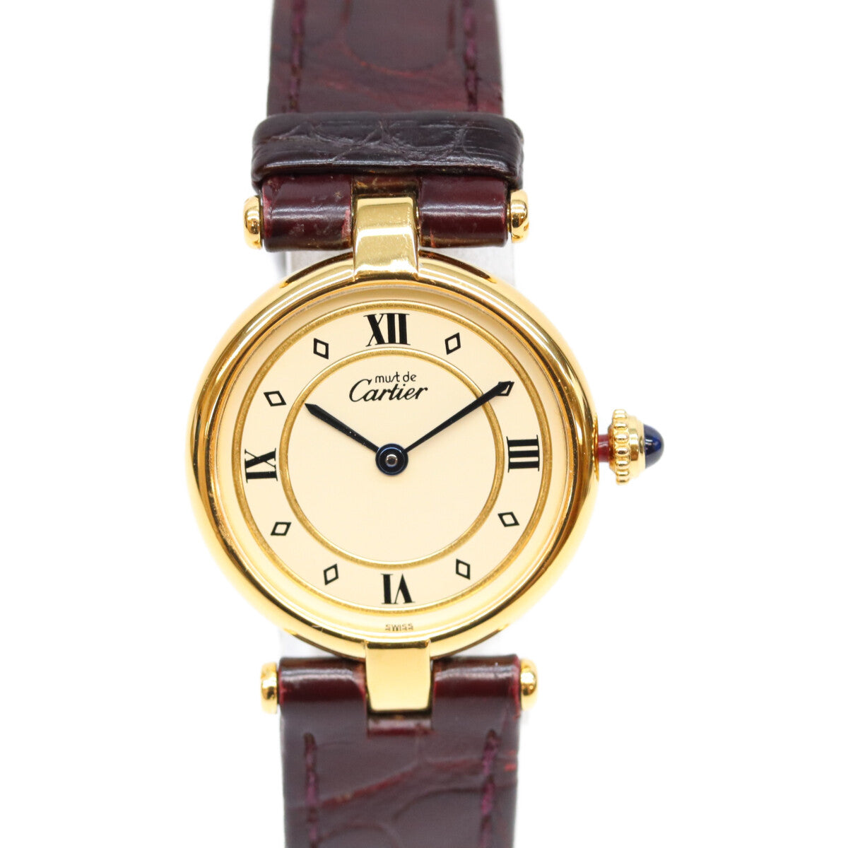 Cartier カルティエ 80-90s W1002353 925 マストヴァンドームSMヴェルメイユ クロコ アイボリー飛びローマ文字盤 QZ 革 時計 腕時計