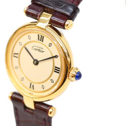 Cartier カルティエ 80-90s W1002353 925 マストヴァンドームSMヴェルメイユ クロコ アイボリー飛びローマ文字盤 QZ 革 時計 腕時計