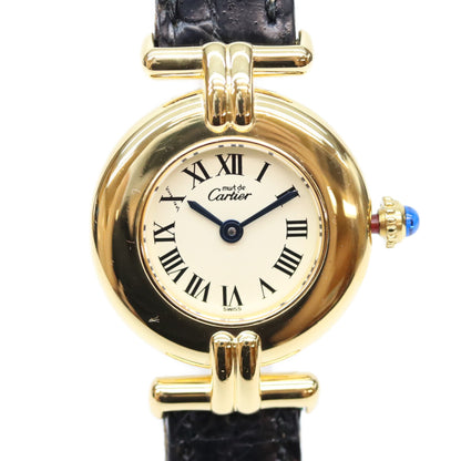 Cartier カルティエ 80-90s 925 マストコリゼSM ヴェルメイユ クロコ アイボリーローマ文字盤 QZ 時計 腕時計