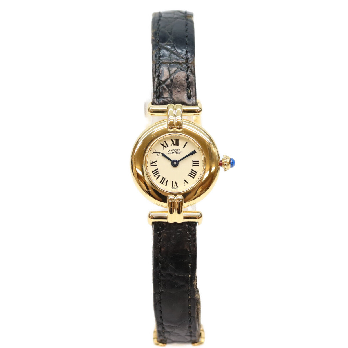 Cartier カルティエ 80-90s 925 マストコリゼSM ヴェルメイユ クロコ アイボリーローマ文字盤 QZ 時計 腕時計