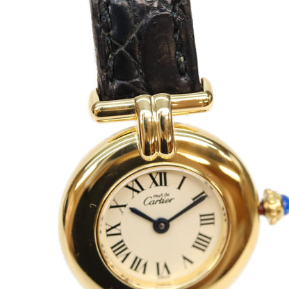 Cartier カルティエ 80-90s 925 マストコリゼSM ヴェルメイユ クロコ アイボリーローマ文字盤 QZ 時計 腕時計