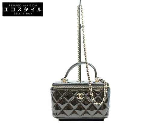 CHANEL シャネル 黒 パテント ゴールド金具 トップハンドル バニティ 2WAYショルダーバッグ ショルダーバッグ