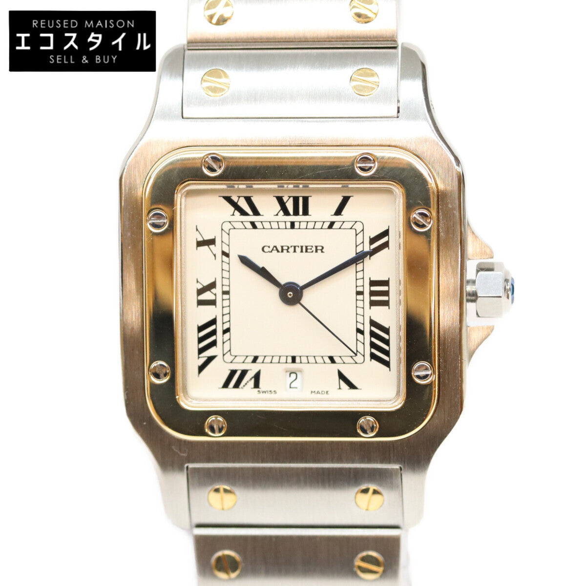Cartier カルティエ 80-90s W20011C4 サントスガルベLM アイボリー文字盤 デイト SS QZ 時計 腕時計