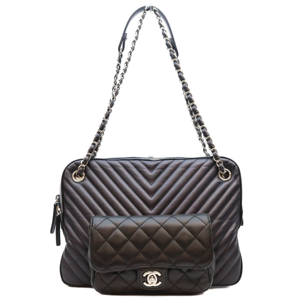 CHANEL シャネル 26番 黒×ネイビー ラム Vステッチ シェブロン×マトラッセ カメラケースショルダーバッグ ショルダーバッグ