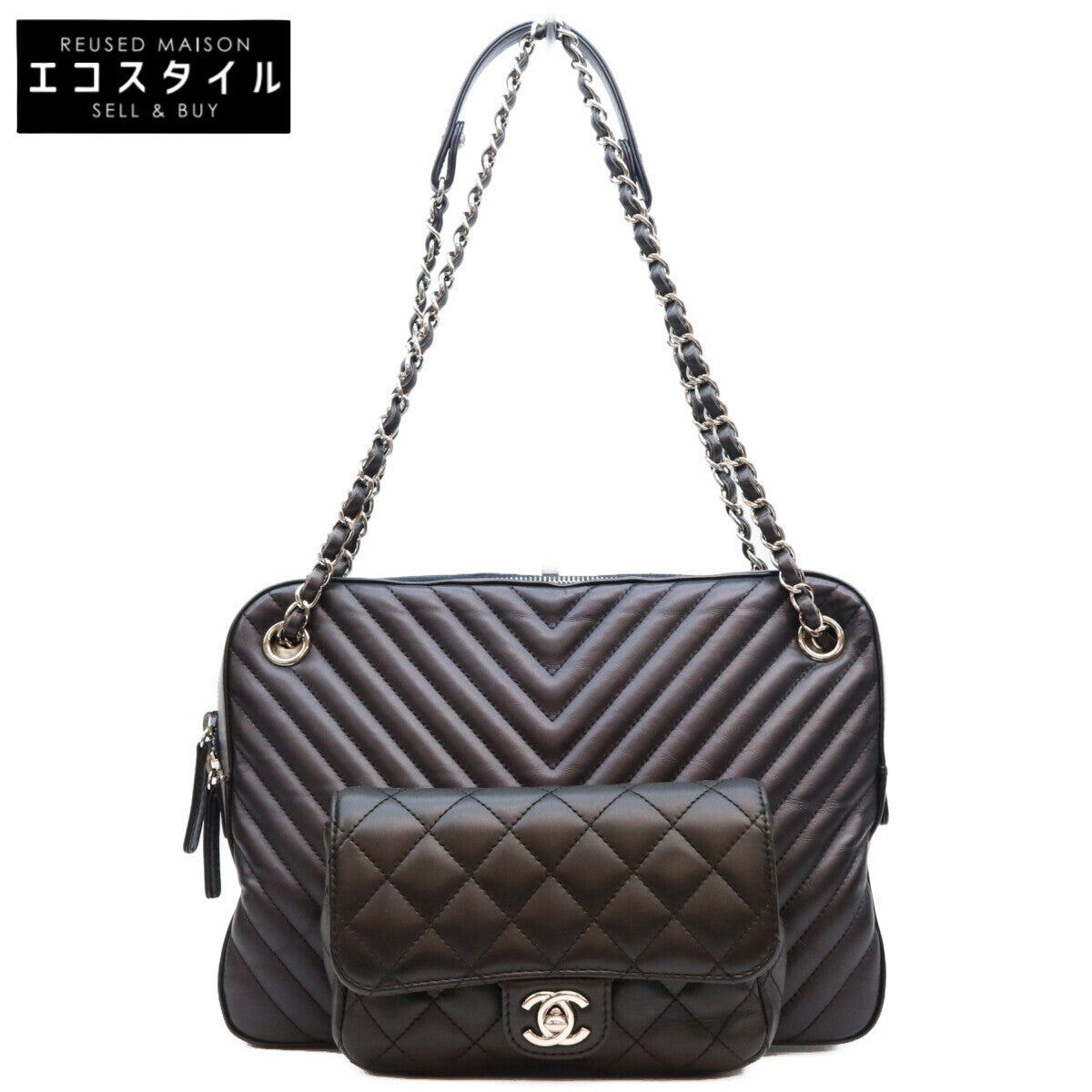 CHANEL シャネル 26番 黒×ネイビー ラム Vステッチ シェブロン×マトラッセ カメラケースショルダーバッグ ショルダーバッグ